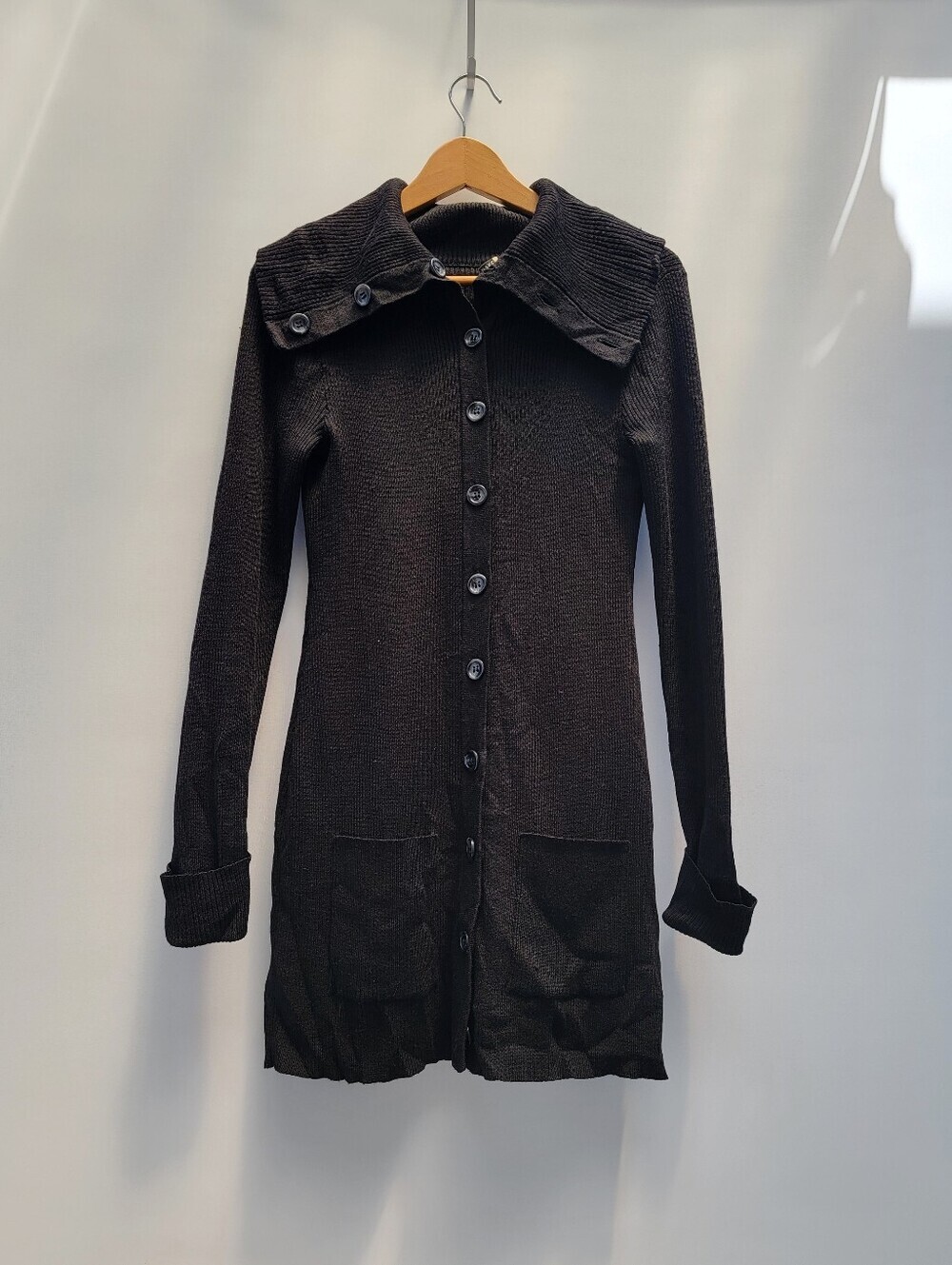 Saks Fifth Avenue Funnel Neck Long Black Cardigan Sweater Size Medium Wool